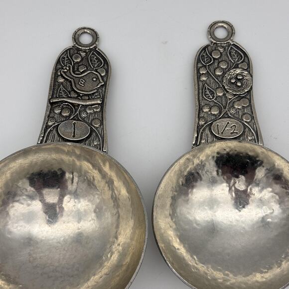 Crosby & Taylor Pewter Measuring Cup Set of 4 Hammered Bird Floral Kitchen Decor - Picture 3 of 8